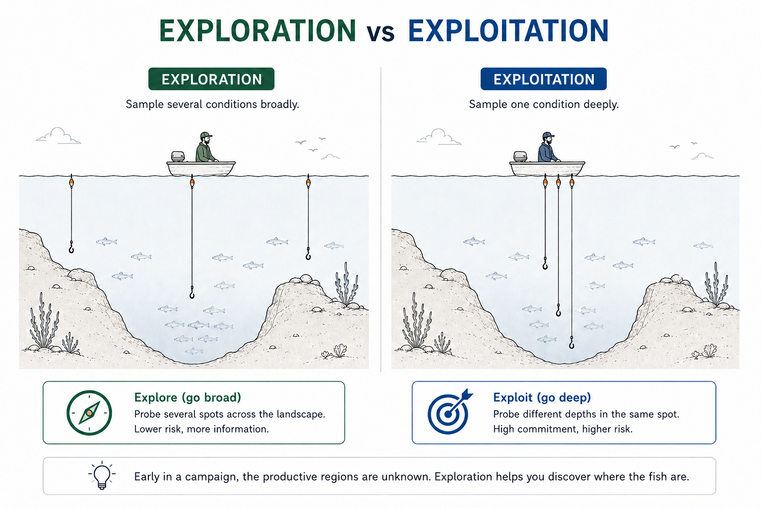 Fishing analogy comparing exploitation, where several hooks sample one region deeply, with exploration, where hooks sample different regions of the underwater landscape.